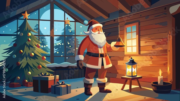 Fototapeta Santa claus in a cabin with christmas tree and gifts