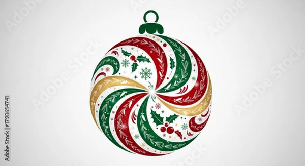 Obraz A colorful christmas ornament with swirling patterns of red, green, and gold, adorned with holly leaves and snowflakes, isolated on
