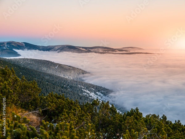 Fototapeta Mountain landscape at sunset time. Freezy evening and weather inversion, Giant Mountains, aka Krkonose, Czech Republic.