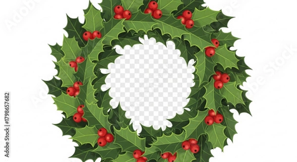 Obraz Festive holly wreath with vibrant red berries, perfect for adding a touch of holiday cheer to your designs, isolated on