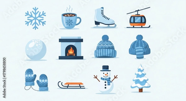 Obraz Collection of winter and holiday icons, featuring snowflakes, hot cocoa, ice skates, and cozy winter accessories, isolated on