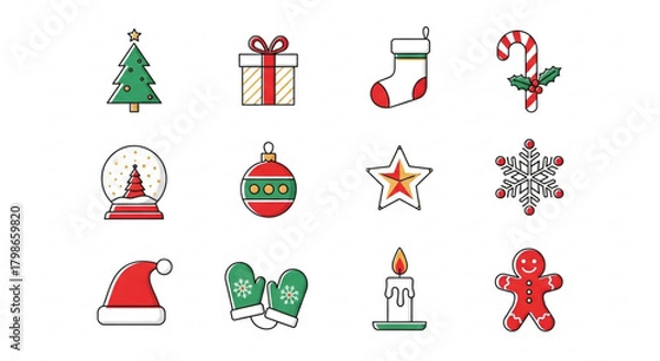 Obraz Festive christmas icons isolated on featuring a tree, gift, stocking, candy cane, snow globe, ornament, star, snowflake, hat, mittens, candle, and gingerbread man