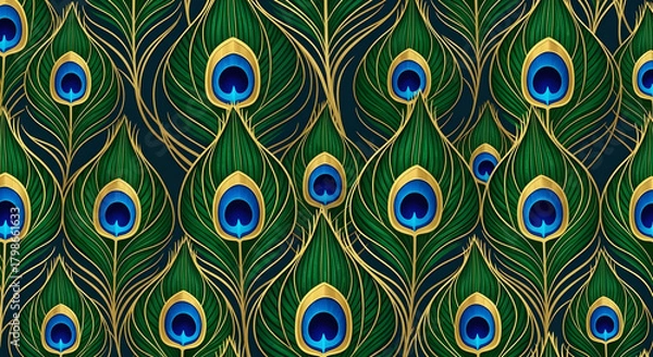 Fototapeta Emerald green and gold peacock feather seamless pattern with blue eyes for luxurious art deco wallpaper and textile design 49542212 1