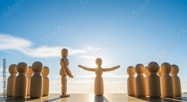 Fototapeta Leadership and communication concept with wooden figure speaking between two groups blue sky background 61740724 1