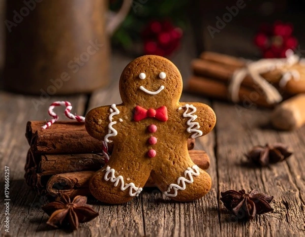 Obraz Close-up of a gingerbread man cookie, standing atop cinnamon sticks, with decorative icing and a festive bowtie. A rustic wooden background
