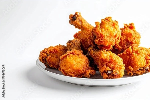 Fototapeta Fried Chicken Plate with Crispy Pieces Isolated on White Background