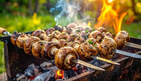 Obraz Close-up of mushrooms grilling on metal skewers over hot coals and flames, outdoor setting with greenery in background