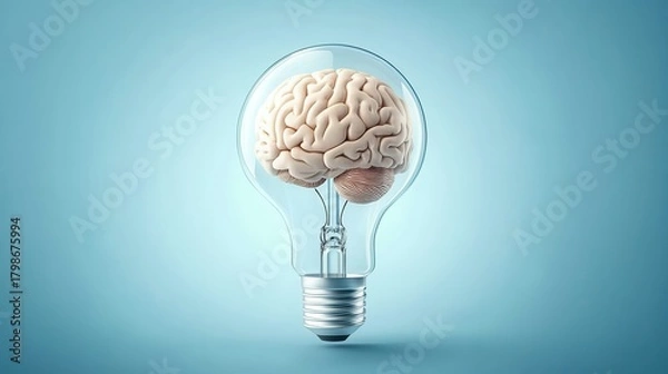Fototapeta Light bulb containing a brain, symbolizing ideas and creativity.