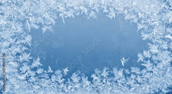 Fototapeta A frosty window with intricate ice patterns on a blue background.