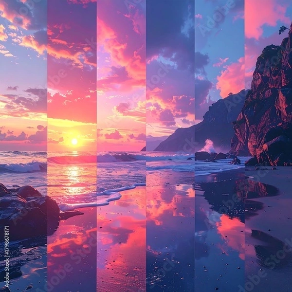 Obraz Composite image showing a seascape with vibrant sunset hues reflected on wet sand and rippling water, plus mountains