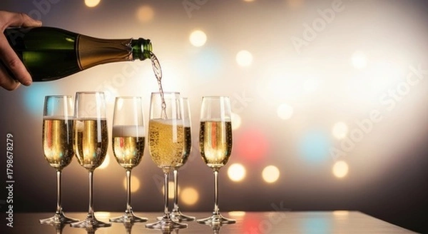 Fototapeta A hand pouring champagne into a row of champagne glasses against a blurred background.