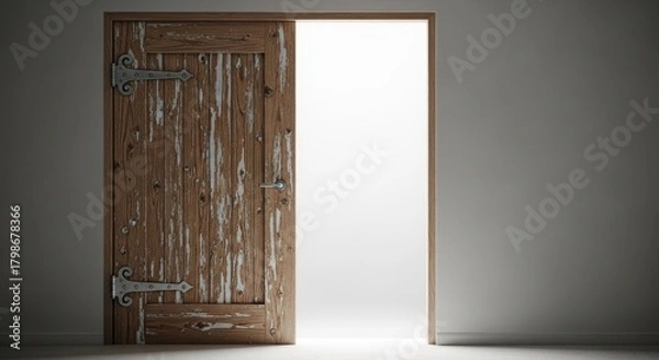 Fototapeta An old, weathered wooden door with metal hinges, standing in a dimly lit, empty room with a plain, light-colored wall.