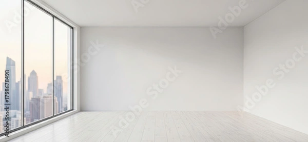 Fototapeta A spacious, minimalist living room with a large window overlooking a city skyline.