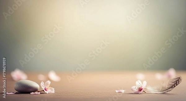 Obraz A wooden table with a white stone and cherry blossom petals.