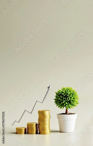 Fototapeta A small tree with green leaves growing from a white pot on a light-colored background.