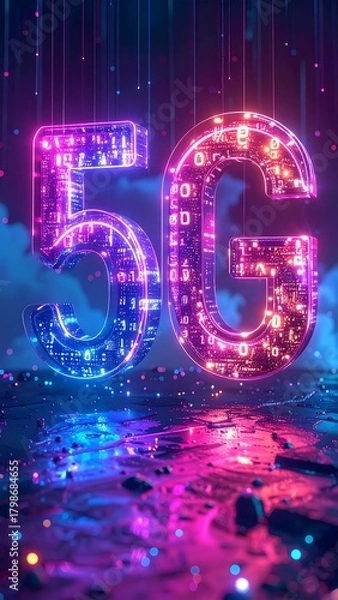 Obraz Glowing digital representation of "5G" in vibrant blue and pink neon against a dark backdrop. The letters are filled with data