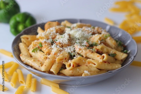 Fototapeta Creamy rigatoni in white sauce topped with grated cheese, herbs, and red pepper flakes