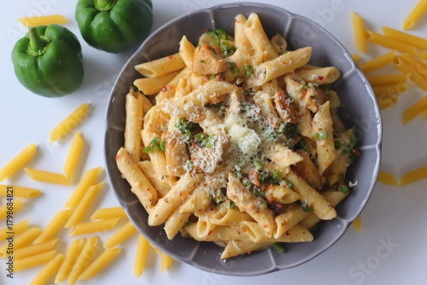 Fototapeta Creamy rigatoni in white sauce topped with grated cheese, herbs, and red pepper flakes