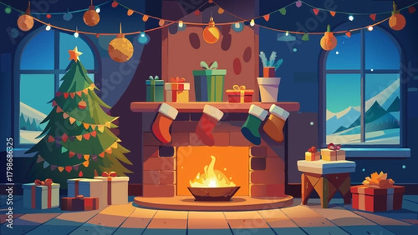 Obraz Festive christmas scene with tree and fireplace gifts