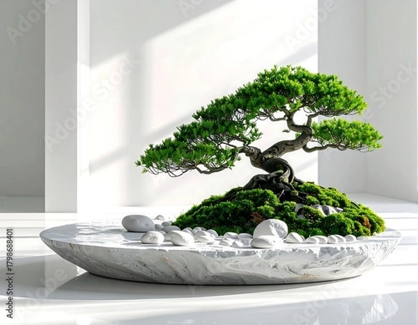 Obraz Serene bonsai tree in a marble bowl bathed in soft, natural light