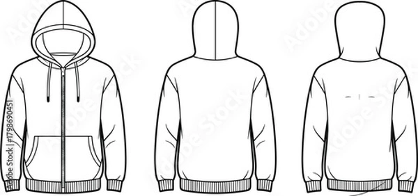 Fototapeta Flat vector illustration of zip up hoodie fashion template with front, back and side views, kangaroo pocket, drawstring hood, ribbed cuffs and hem design