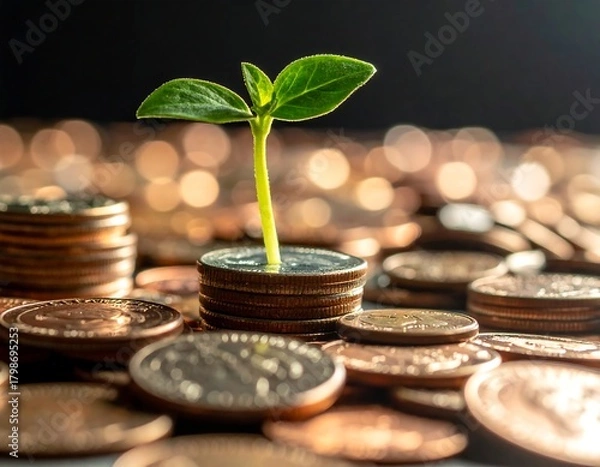 Obraz Small green sprout growing atop a stack of coins