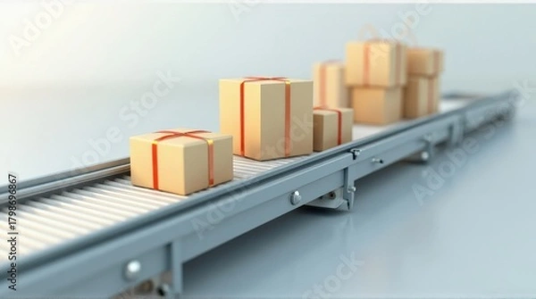 Fototapeta Small Gift Boxes with Red Ribbons Moving Along Conveyor Belt in Industrial Setting