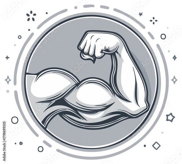 Fototapeta Vector illustration of a powerful muscular arm flexing bicep in a circular emblem