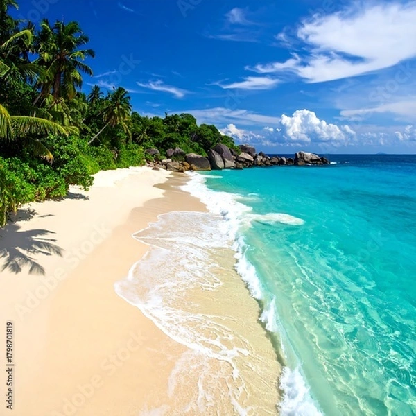 Obraz Tropical beach scene with white sand, crystal-clear turquoise water, palm trees, and lush greenery under a blue sky with fluffy clouds