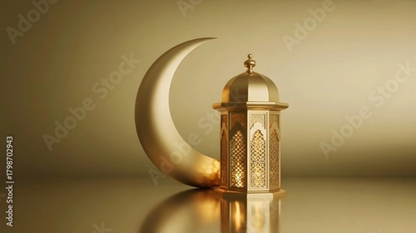 Obraz Golden crescent moon and ornate lantern symbolizing ramadan and islamic celebrations, set against a warm, reflective background