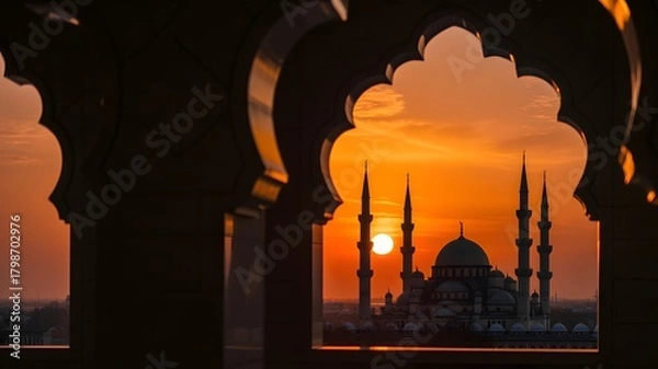 Obraz Silhouette of a mosque with minarets and dome against a vibrant orange sunset sky, viewed through ornate arches