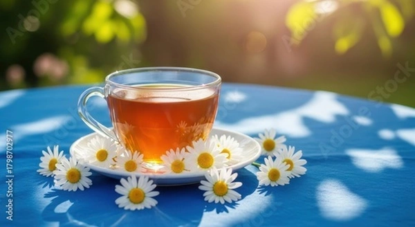 Fototapeta A cup of chamomile tea with daisies on a blue table
