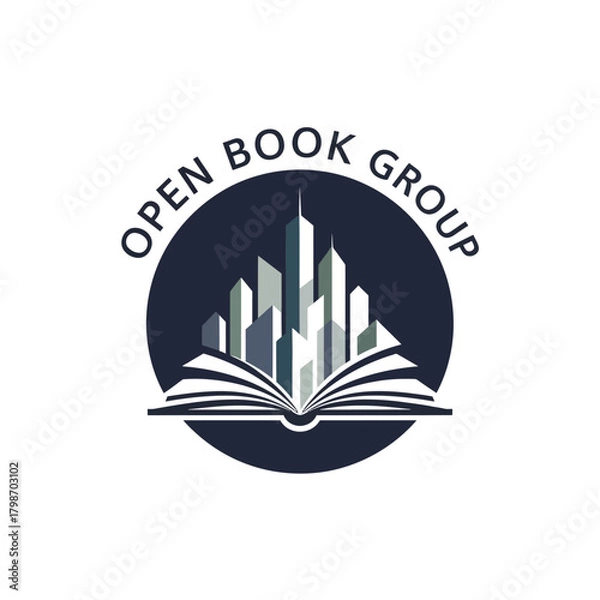 Obraz Open Book Group logo with a city skyline emerging from its pages.