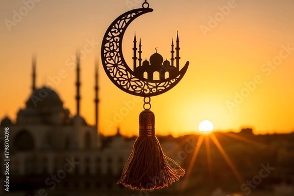 Obraz Islamic crescent moon ornament with tassel hanging in front of a mosque silhouette at sunset, symbolizing ramadan and eid celebrations