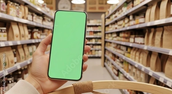 Fototapeta First person view of a shopper holding a smartphone with a green screen for a mockup in a supermarket aisle