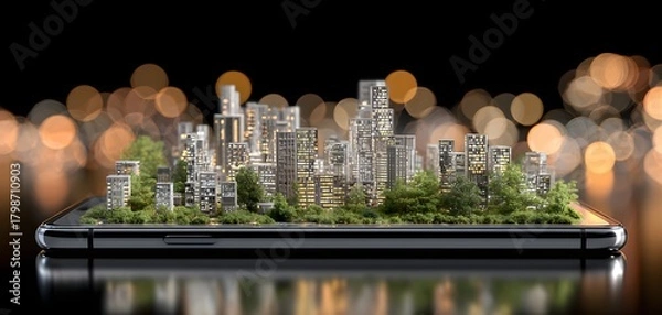 Fototapeta Futuristic city skyline growing from a smartphone screen with lush greenery and bokeh lights