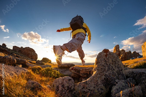 Obraz Female hiker woman girl jumps or make big step from rock to rock at sunset mountain top. Active vacations concept