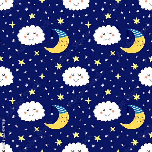 Fototapeta Cute seamless pattern with funny cartoon characters of sleeping moon, stars and clouds