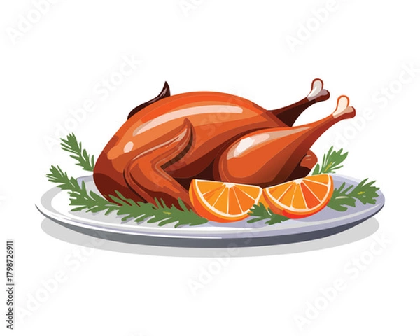 Obraz Delicious Glazed Roasted Turkey or Chicken on a Plate with Orange Slices and a Brown Sauce - Vector Illustration