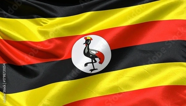 Fototapeta Uganda’s flag with six horizontal black, yellow, and red stripes and a central crowned crane—symbolizing unity, sunshine, and peaceful strength.