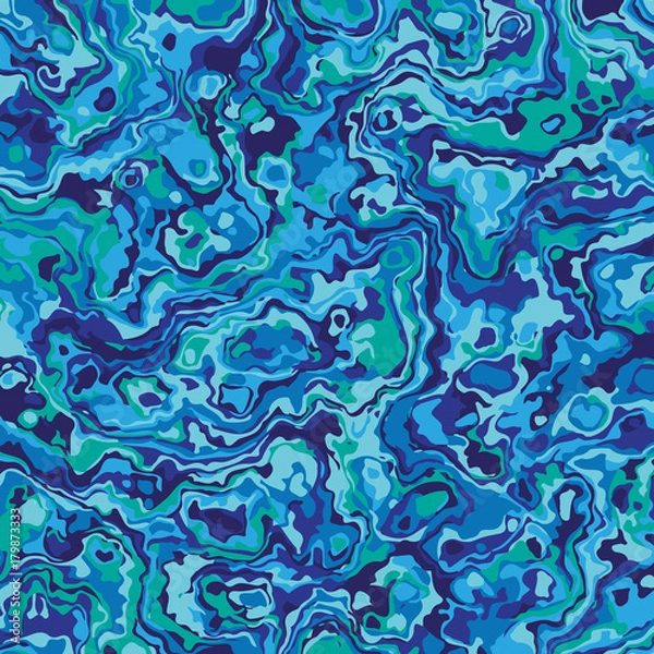 Fototapeta Blue psychedelic abstract background colorful swirls. Ripples, sea surface. Vector illustration. Camouflage pattern. Classic clothing style masking camo print. Flowing fluid wallpaper.