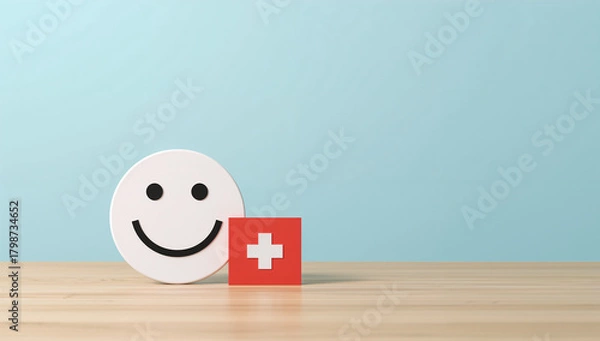Fototapeta Smiley face next to red health cross on wood surface representing medical care, positivity, and patient wellness.