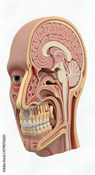 Fototapeta Cross Section of Human Head Anatomy Depicting Brain and Internal Structures