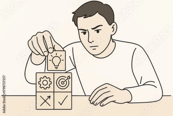 Fototapeta Focused young man stacking blocks representing concepts of ideas, goals, and success, symbolizing strategic planning and problem-solving in professional development.