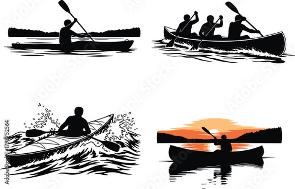 Fototapeta Kayak and canoe silhouettes set with paddlers on river waves and sunset lake scene