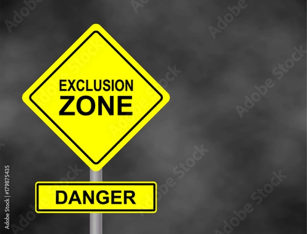 Fototapeta Background of dark GREY sky with cumulus clouds and yellow road sign with text Danger Exclusion Zone. Vector illustration.