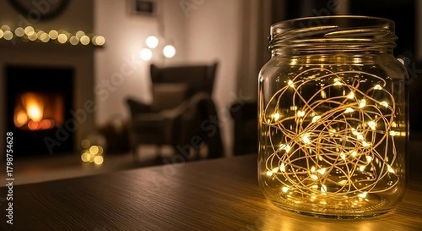 Fototapeta Cozy evening glow with warm fairy lights in a jar by a fireplace