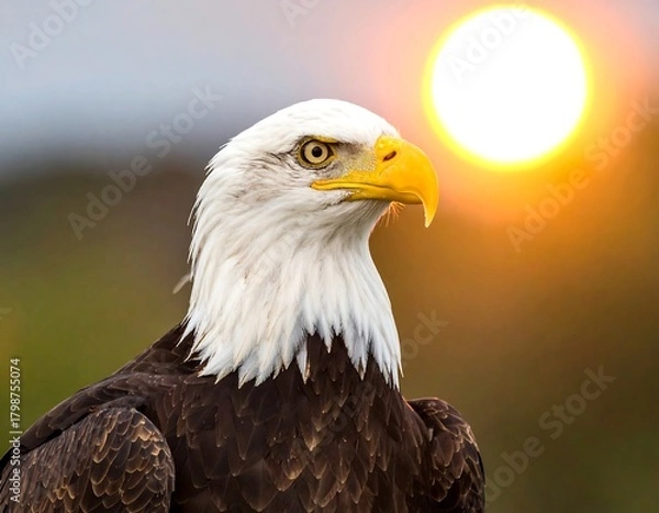 Fototapeta Close-up of a regal bald eagle with sunset blurred in background
