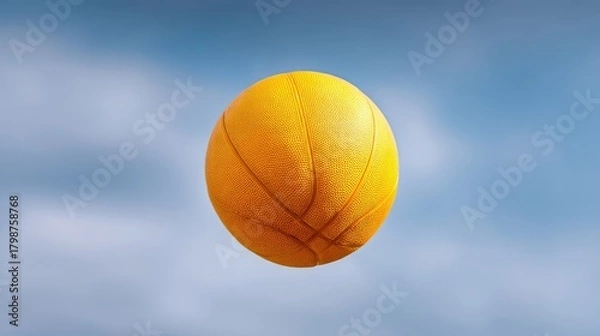 Obraz Bright Yellow Basketball in Flight Against a Clear Blue Sky, Captured with Precise Focus and Ideal Lighting Conditions for Sports and Recreation Themes