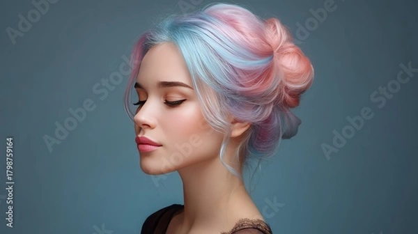 Fototapeta Ethereal Portrait of a Young Woman with Pastel Hair in Soft Blue and Pink Tones Capturing a Serene and Dreamy Aesthetic in a Studio Setting